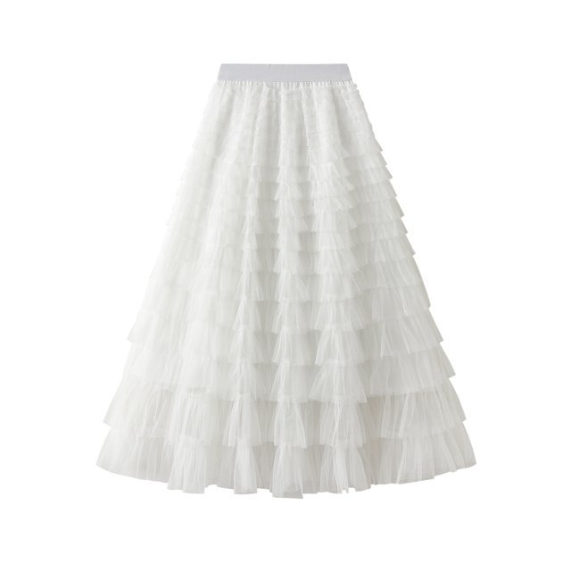 Gupgi Women Tutu Long Skirts Multilayer Solid Color High Waist Mesh Swing Cake Skirt