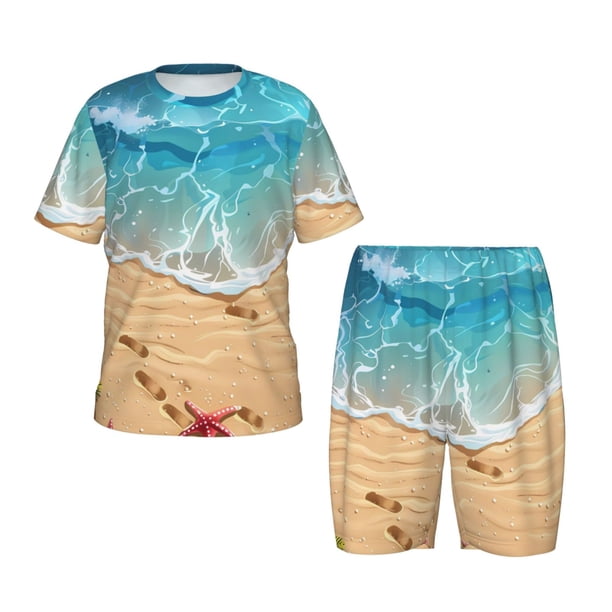 Fotbe Tropical Beach With Starfish Pijama Estampada de 2 Piezas para Niños – Ropa de Dormir de Manga Corta Cómoda para Niños y Niñas, Camiseta y Shorts de Algodón-3X-Large