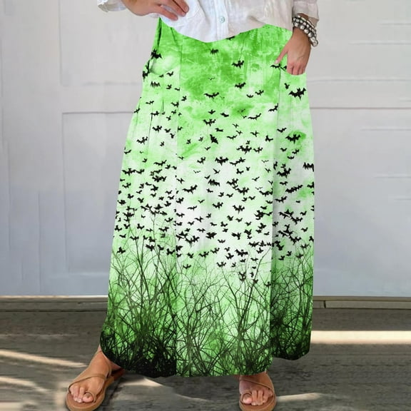 WXLWZYWL Womens Halloween Dress Plus Size Halloween Candy Corn Cones Women Printed Elastic Waistband Pleated Pocket Skirt with Mid Calf Skirt