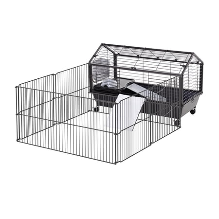 Rabbit Hutch Cage, Guinea Pig Cage with Wheels, Small Animal Cage with Run & Fleece Ramp