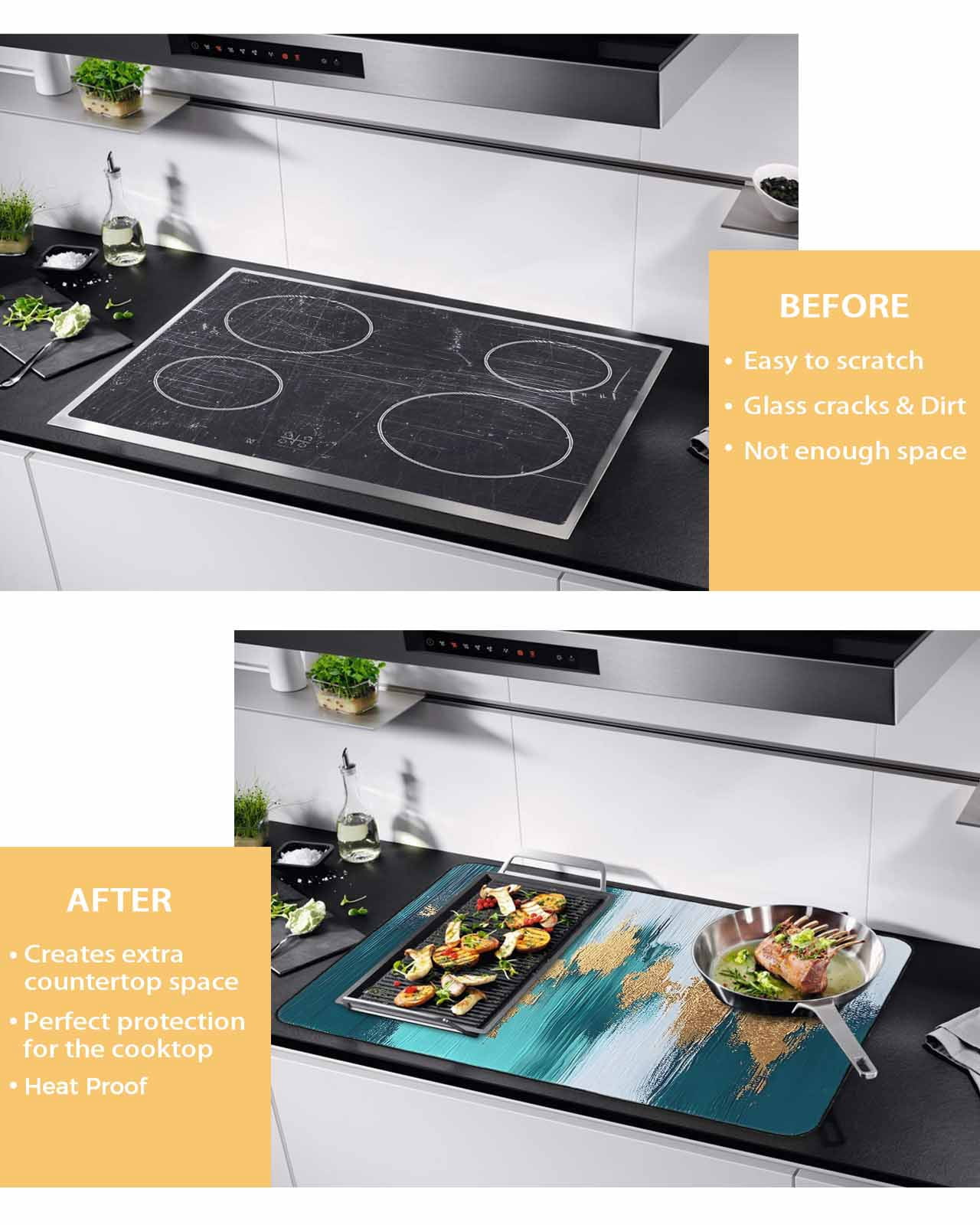 nqOlkjepod Large Induction Cooktop Protector Mat 24"x21", Teal Blue Stove Top Covers for Electric Stove, Yellow Abstract Art Modern Decorative Stove Burner Cover Mats, Glass Top Stove Cover