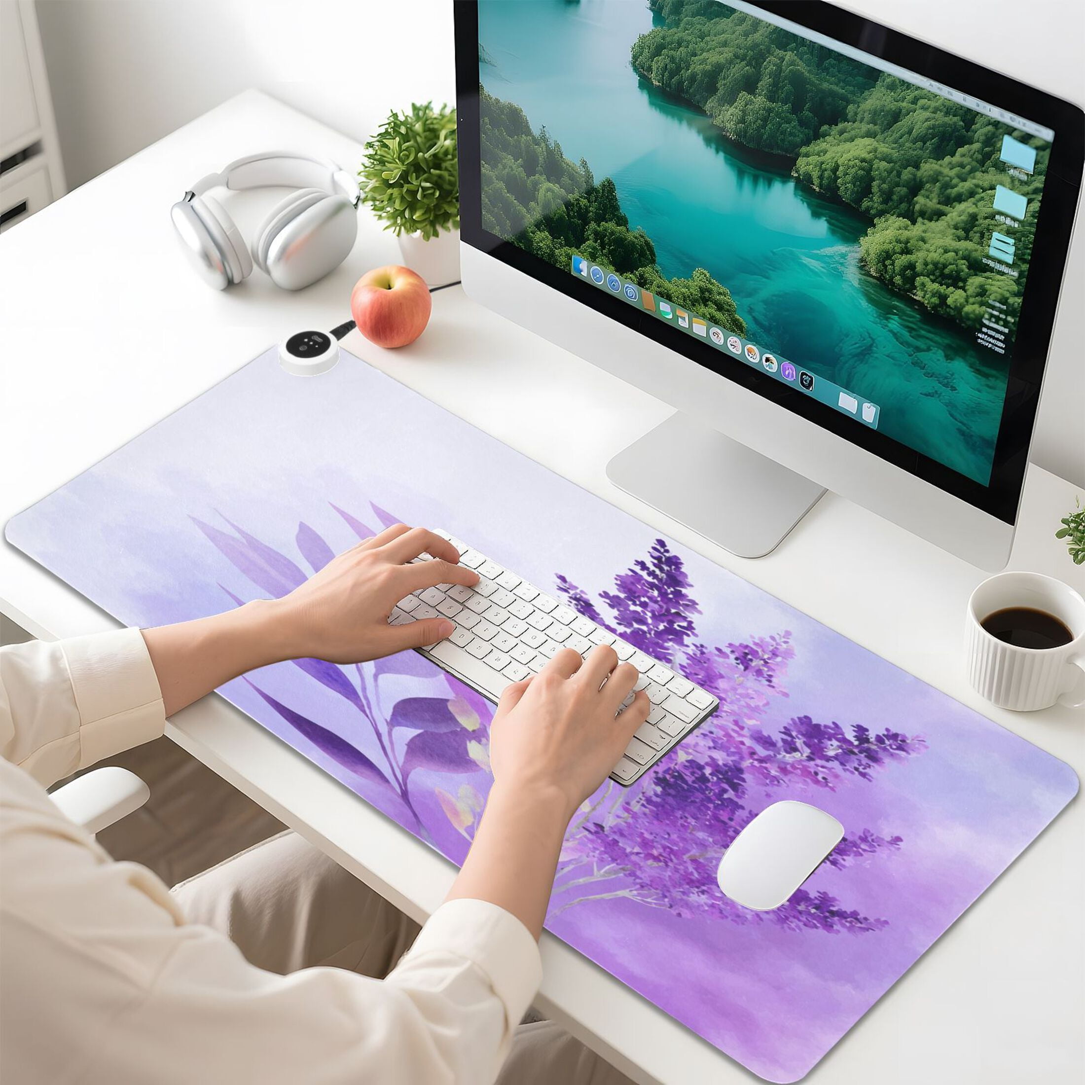Large Heated Desk Mat Mouse Pad 31.5"x13"PU Leather Graphene Heating Desk Warmer with 3 Temperature Settings 110V US Plug Non-Slip Warm Pad for Home, Office, and Gaming Watercolor Lavender Clip Art