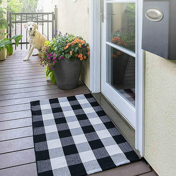 Hand-Woven Cotton Plaid Area Rug Anti Slip Doormat Floor Mat Layered Carpet for Laundry Kitchen, Black White, 130x60cm