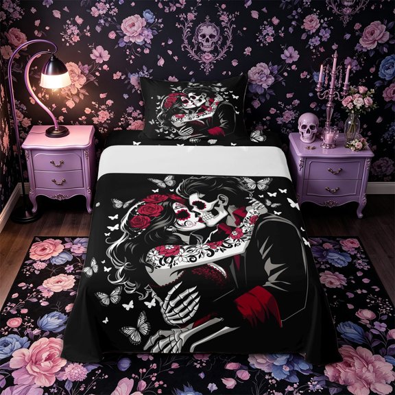 Castle Fairy Day Of Dead Skeleton Couple Twin Sheets 3pcs,Valentine'S Day Rose Butterfly Bedding,Red Black,1 Fitted Sheet,1 Flat Sheet and 1 Pillowcase