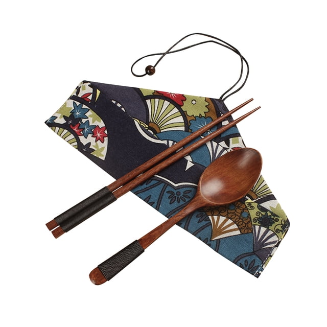 Travel Portable Wooden Spoon Chopsticks Set Japanese Style Food Serving Spoon Smooth Handle Tableware Set with Wrapping Cutlery Bag (Black)