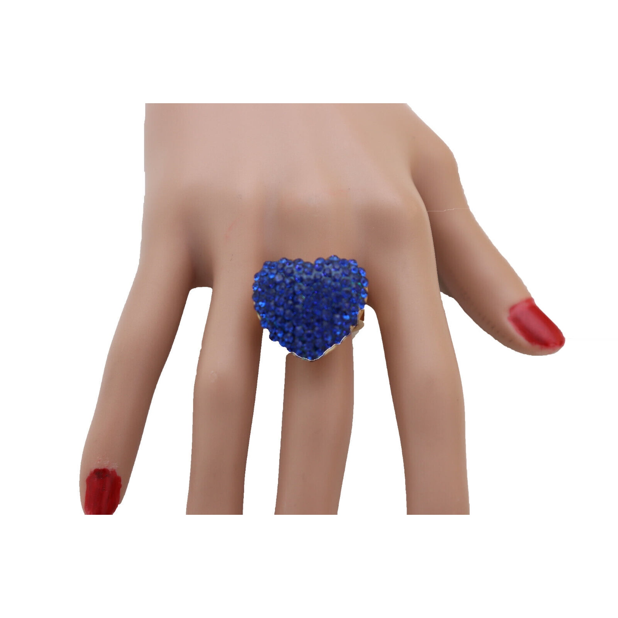 Women Gold Color Metal Bling Ring Blue Heart Fashion Jewelry Love Size 7.5