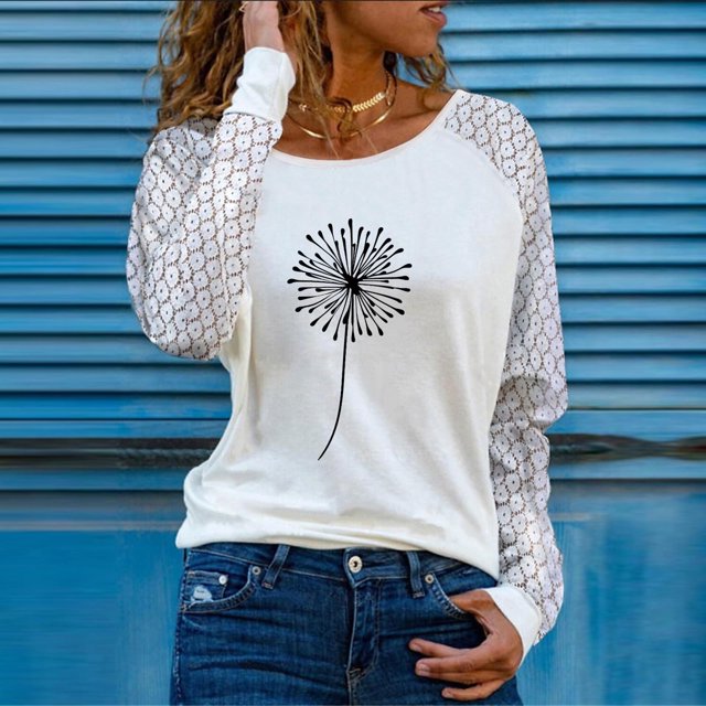 ICHUANYI Clearance Fashion Woman Long Sleeve T-Shirt Printing Lace Sweatshirt Loose Blouse Tops ICHUANYI "ICHUANYI"