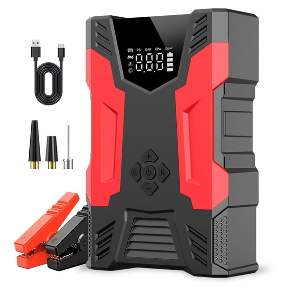 Car Jump Starter with Air Compressor, 3000A Peak, Built-in Air compressor and air hose, 150-PSI Tire Inflator, Up to 7.0L Gas/5.0L Diesel, USB QC 3.0, 10,000mAh, LED Flashlight, Portable Power Bank