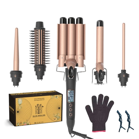 Thirtek 5 in 1 Curling Iron Set with Thermal Brush & 4 Interchangeable Ceramic Barrels Fast Heating Dual Voltage Hair Curler Wand Kit for Beach Waves Curls Blowout Styling Gift for Women