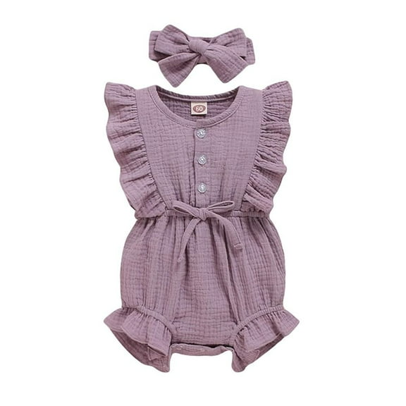 Happy Town Infant Baby Girls Summer Clotehs Ruffled Sleeveless Romper 0-24M Casual Jumpsuit With Headband