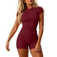 thumbnail image 2 of IUYRTFE Women's Short Sleeve Crew Neck Top and Shorts Set Breathable Yoga Athletic 2 Piece Workout Outfit, 2 of 5