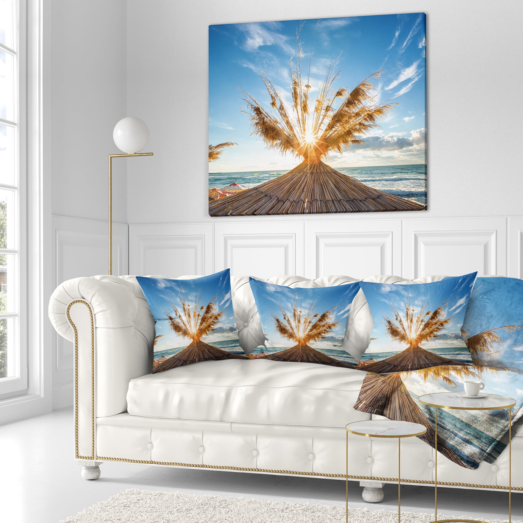 Designart Vivid Sunrise on Sandy Beach - Seascape Throw Pillow - 16x16