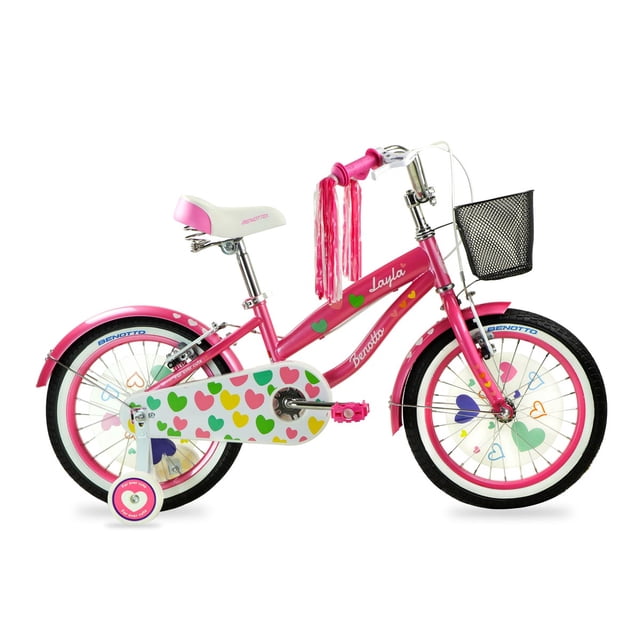 Bicicleta BENOTTO City LAYLA R16 1V. Niña Frenos "V" con Porta Bulto, Ruedas Laterales Acero Rosa Brillante Calcomania Corazones Multicolor Talla:UN