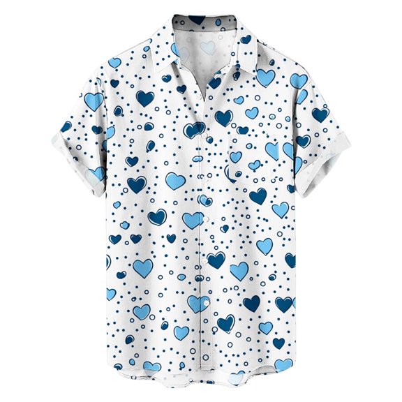 Awdenio Mens T Shirts Valentines Day Shirt Heart Print Button Down Collared Short Sleeve Hawaiian Shirt