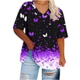 thumbnail image 4 of Oversized T-Shirts for Women Casual V-Neck Printing Short Sleeve T-shirt Summer Loose Breathable Blouses Plus Size Pullover Top Purple 4XL, 4 of 5