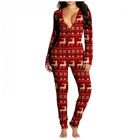 

CHGBMOK Jumpsuits for Women Onesie Flap Pajamas Christmas Print Sexy Butt Flap Sleepwear Cute Button Collar Rompers Nightwear Jumpsuit