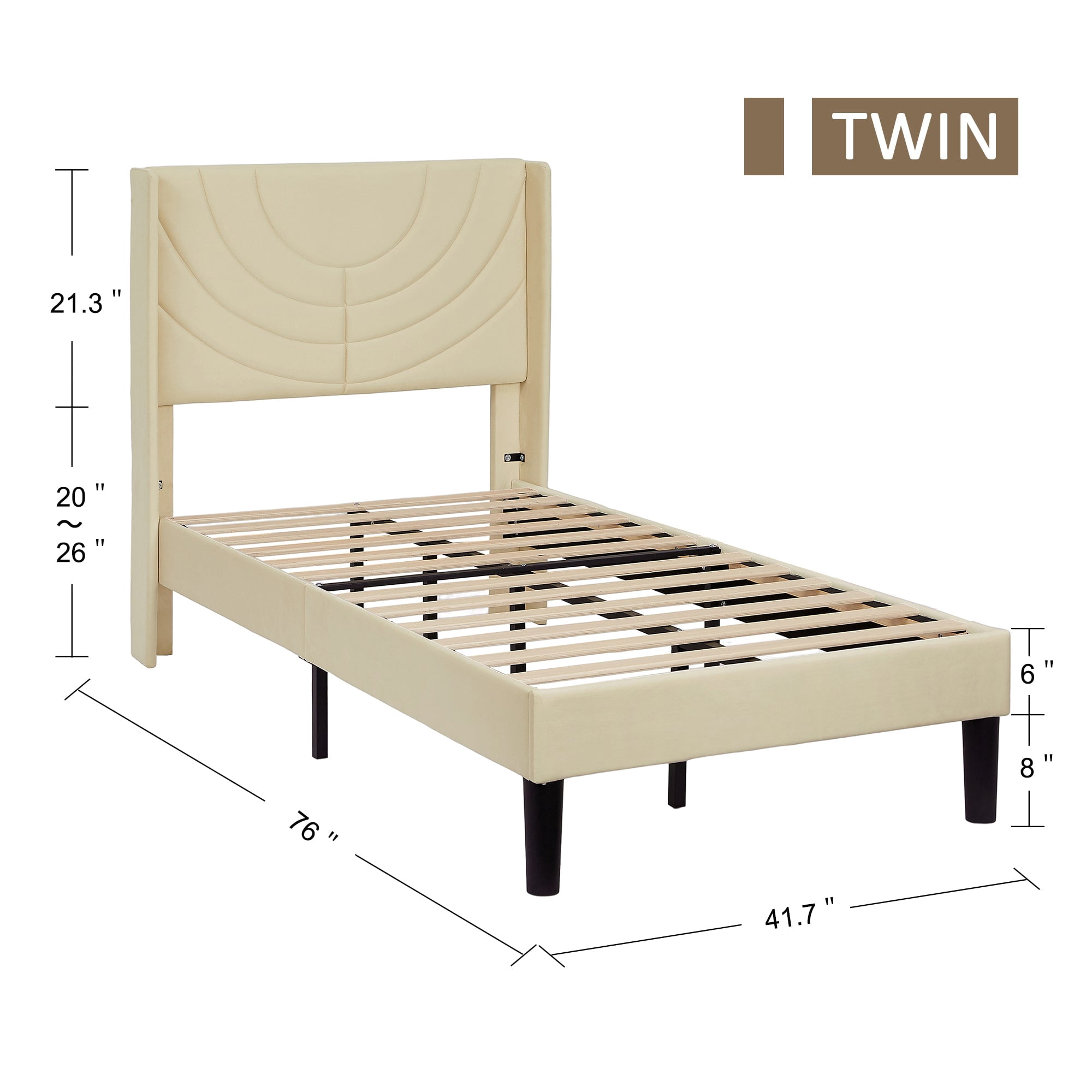 Taomika, Twin Size Upholstered Height-adjustable Platform Bed Frame with Wingback Headboard-Beige