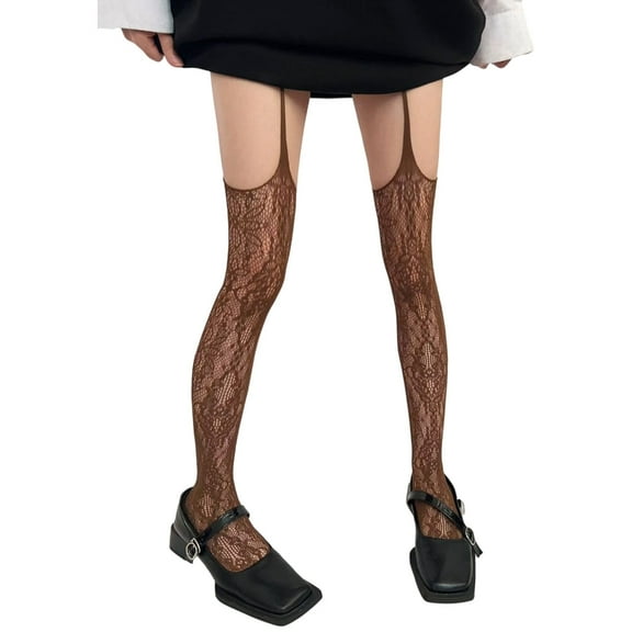 Huhudde Women Hollowed Fishnets Mesh Thigh High Stockings Garter Belt Tights Elegant Flower Lace Patterned Suspender Pantyhose