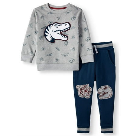 365 Kids from Garanimals French Terry Dino Print & Knee Jogger, 2-Piece Outfit Set (Little Boys & Big Boys)