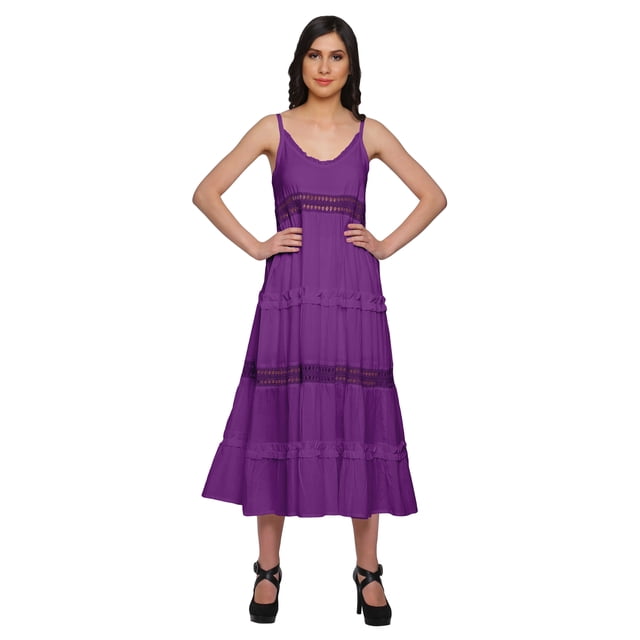 Moomaya Robe Longue Maxi Unie Sans Manches à Bretelles Spaghetti avec Garniture en Dentelle
