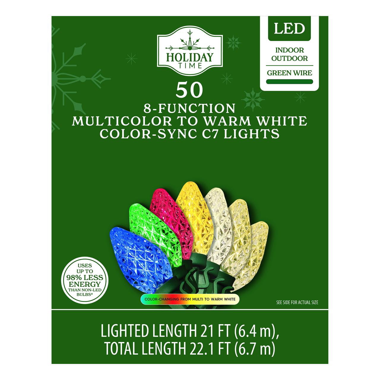 Indoor/Outdoor 50-Count LED 8-Function Color-Sync C7 Christmas String Lights, Multicolor to Warm White, 21', by Holiday Time