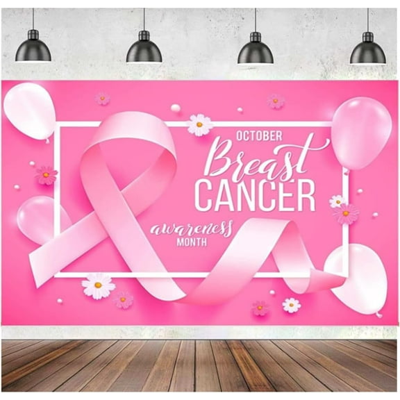 Breast Cancer Awareness Banner Backdrop Decorations Pink Ribbon Shapes Party Banner Breast Cancer Charity Activities Fundraising Gathering 71 x 47 Inch