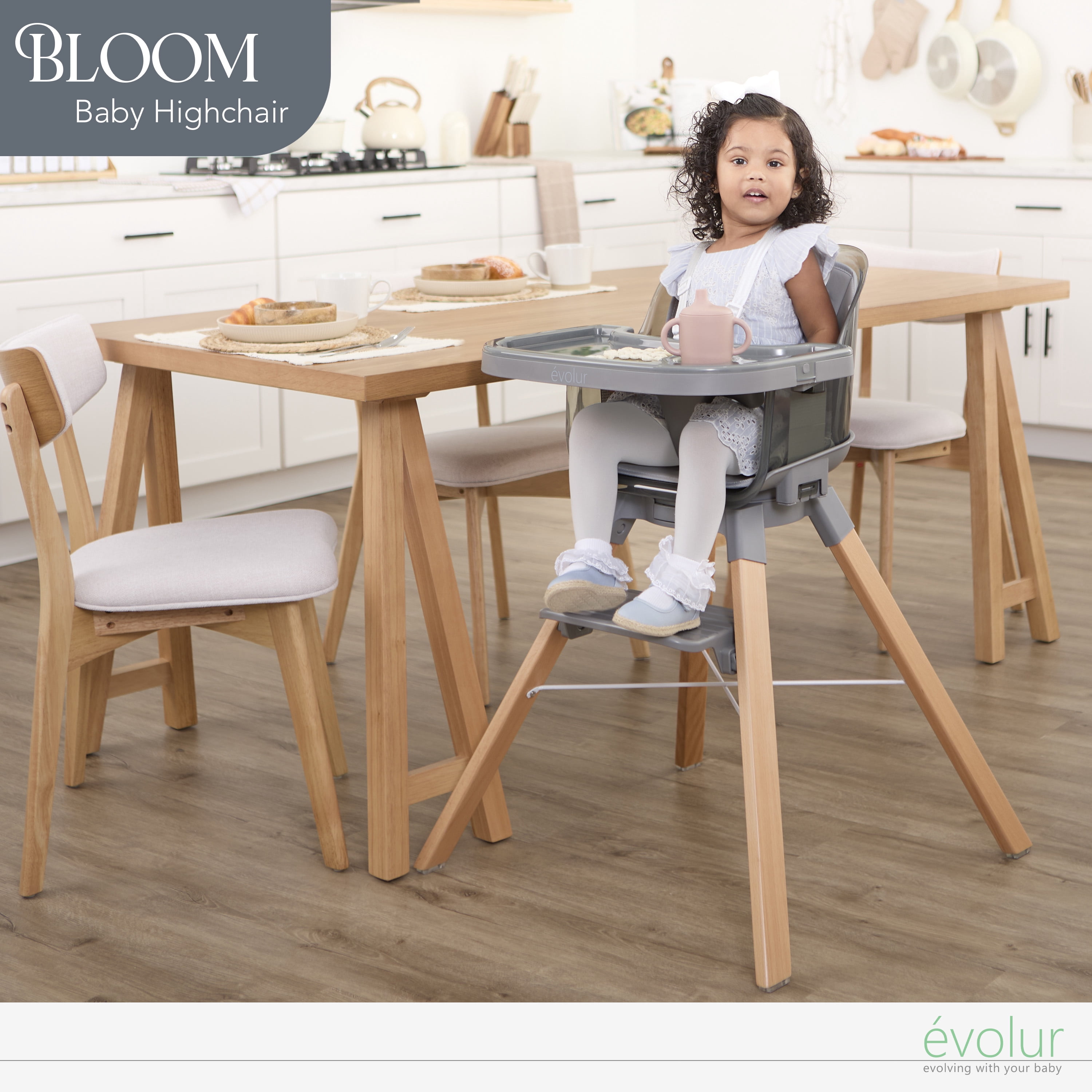Evolur Bloom High Chair Storm Gray, 360° Rotating Seat, Easily Converts to Adult Stool, Adjustable Foot Rest, Adjustable & Removable Tray Baby High Chair