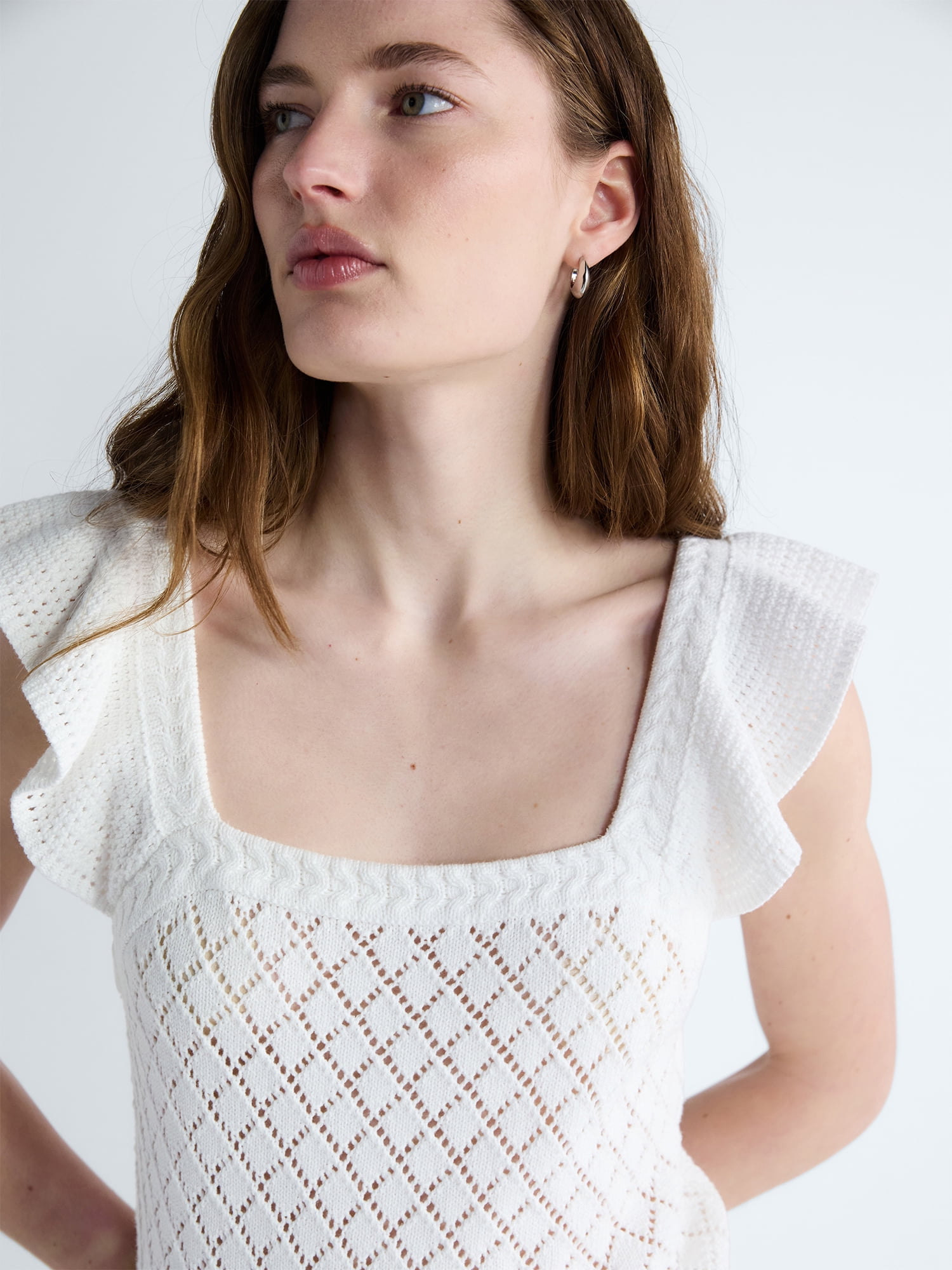 Free Assembly Women's and Women's Plus Square Neck Cotton Sweater with Flutter Sleeves, Sizes XS-4X
