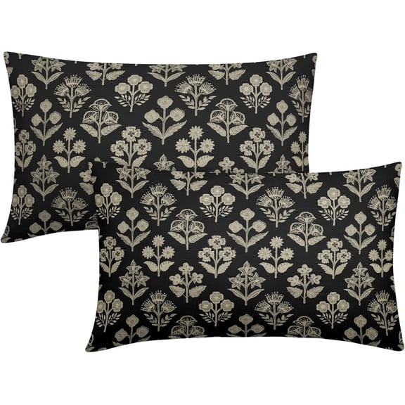 Black Pillow Covers 12x20 Inch Set of 2, Cream Floral Block Print Pattern Lumbar Decorative Throw Pillowcases Outdoor Farmhouse Rectangle Cushion Covers Spring Summer Sofa Couch Bed Decor
