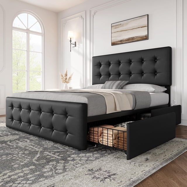 Cadre de Lit avec 4 Tiroirs de Rangement et Tête de Lit Ajustable, Base de Matelas Rembourrée en Lin Doux pour la Peau, Aucun Sommier à Ressort Nécessaire