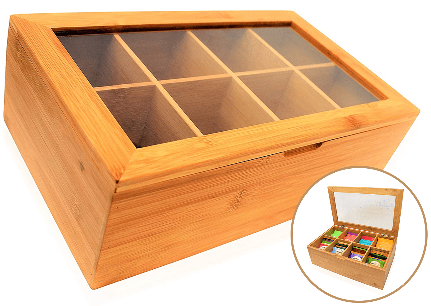 Natural Bamboo Box Tea Organizer For Tea Bags 8 Compartments Tea Bag 