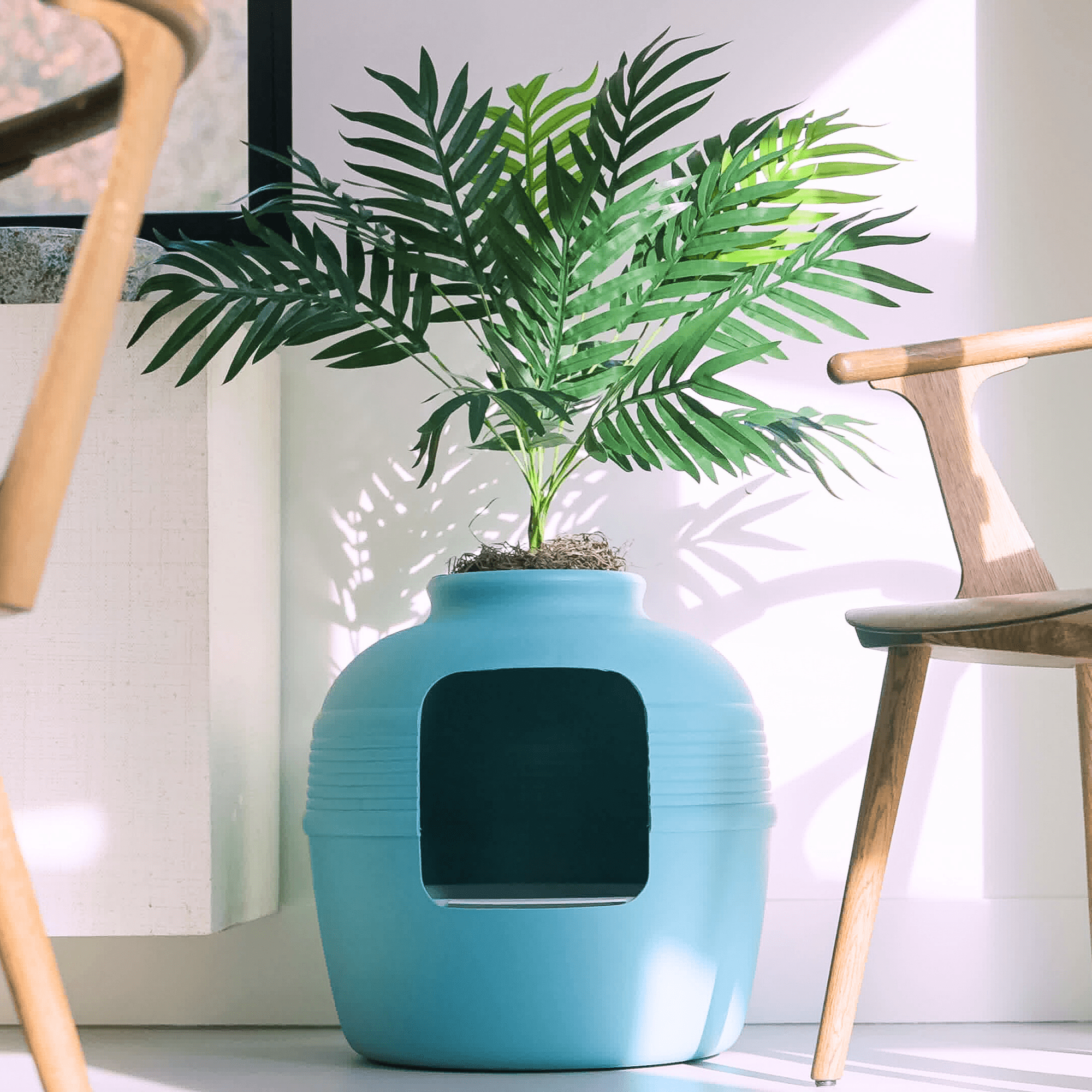Good Pet Stuff Hidden Cat Litter Box Enclosure with Artificial Plant, Odor Filter System, Reusable Tray, Original Round Planter, Essentials Kit, Blue