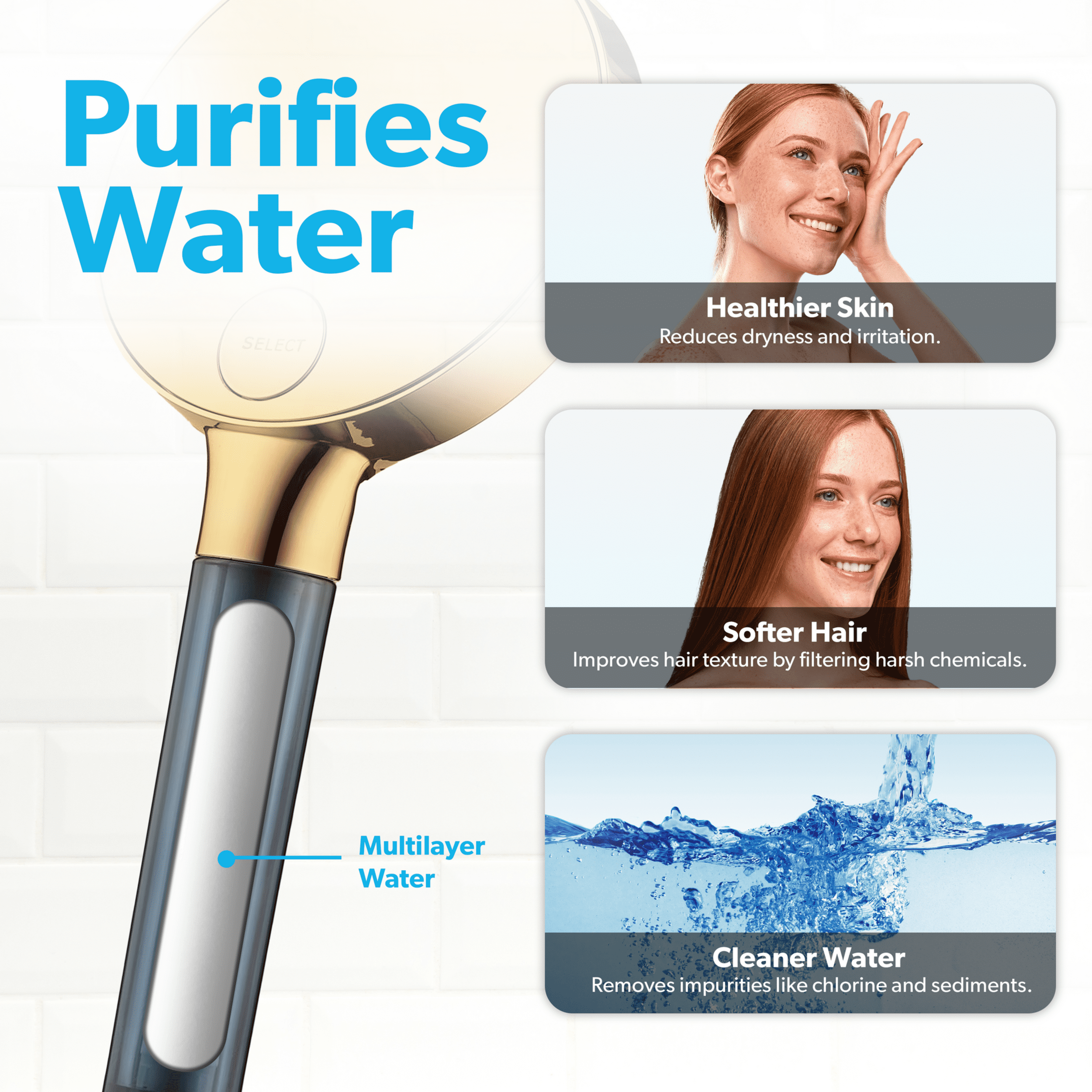 BLACK+DECKER Handheld Shower Head w/ 3 Spray Settings, Water Filter, & Stainless Steel Hose, Gold