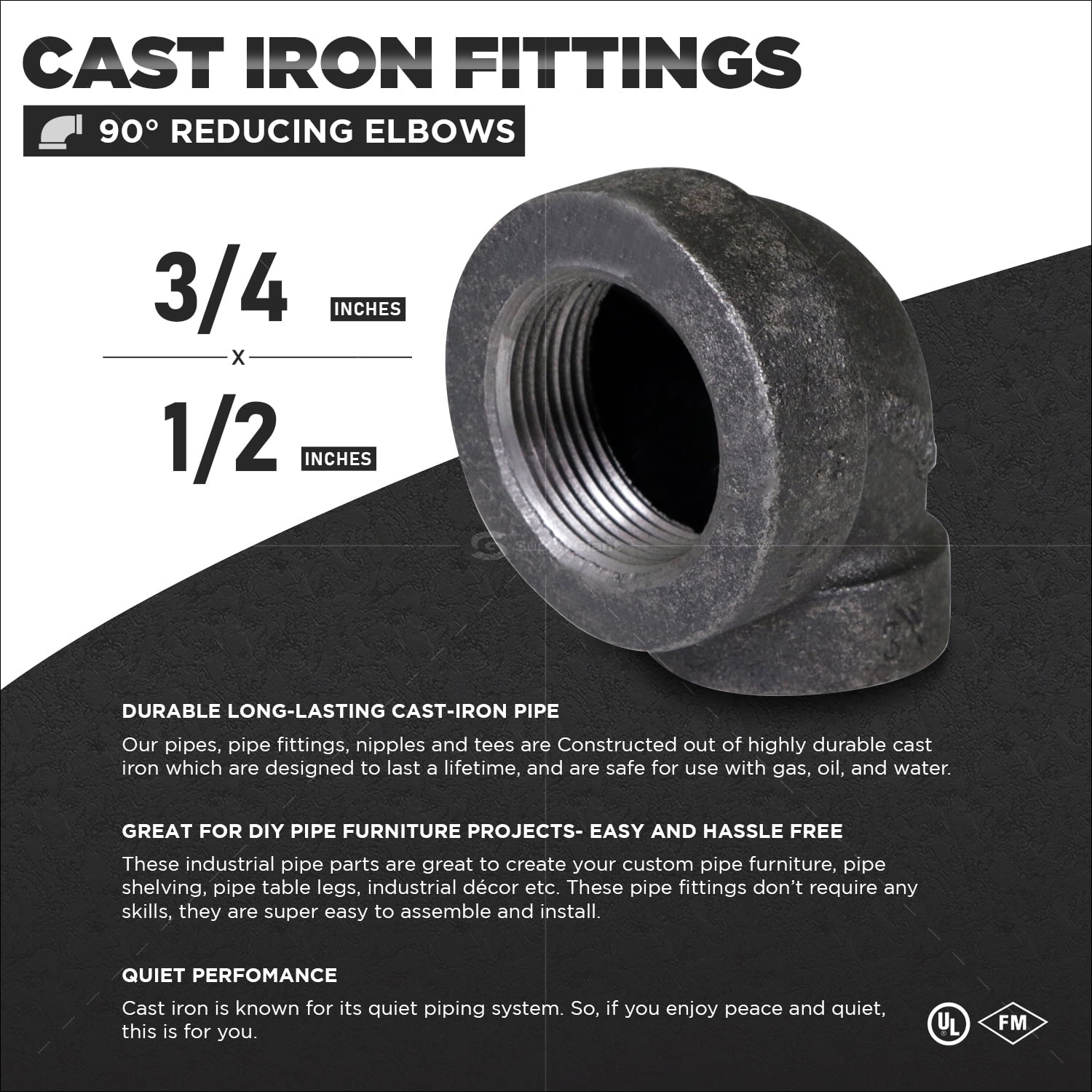 Supply Giant 3/4" X 1/2" 90 Degree Black Pipe Fitting Reducing Street Elbow Cast Iron
