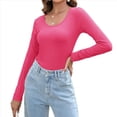 thumbnail image 3 of Camiseta de Cuello en U para Mujer, Camiseta de Larga de Color Liso, Suave, Elástica, Ropa Informal, Básica Rosa Roja M, 3 of 9