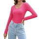 thumbnail image 3 of Camiseta de Cuello en U para Mujer, Camiseta de Larga de Color Liso, Suave, Elástica, Ropa Informal, Básica Rosa Roja M, 3 of 9