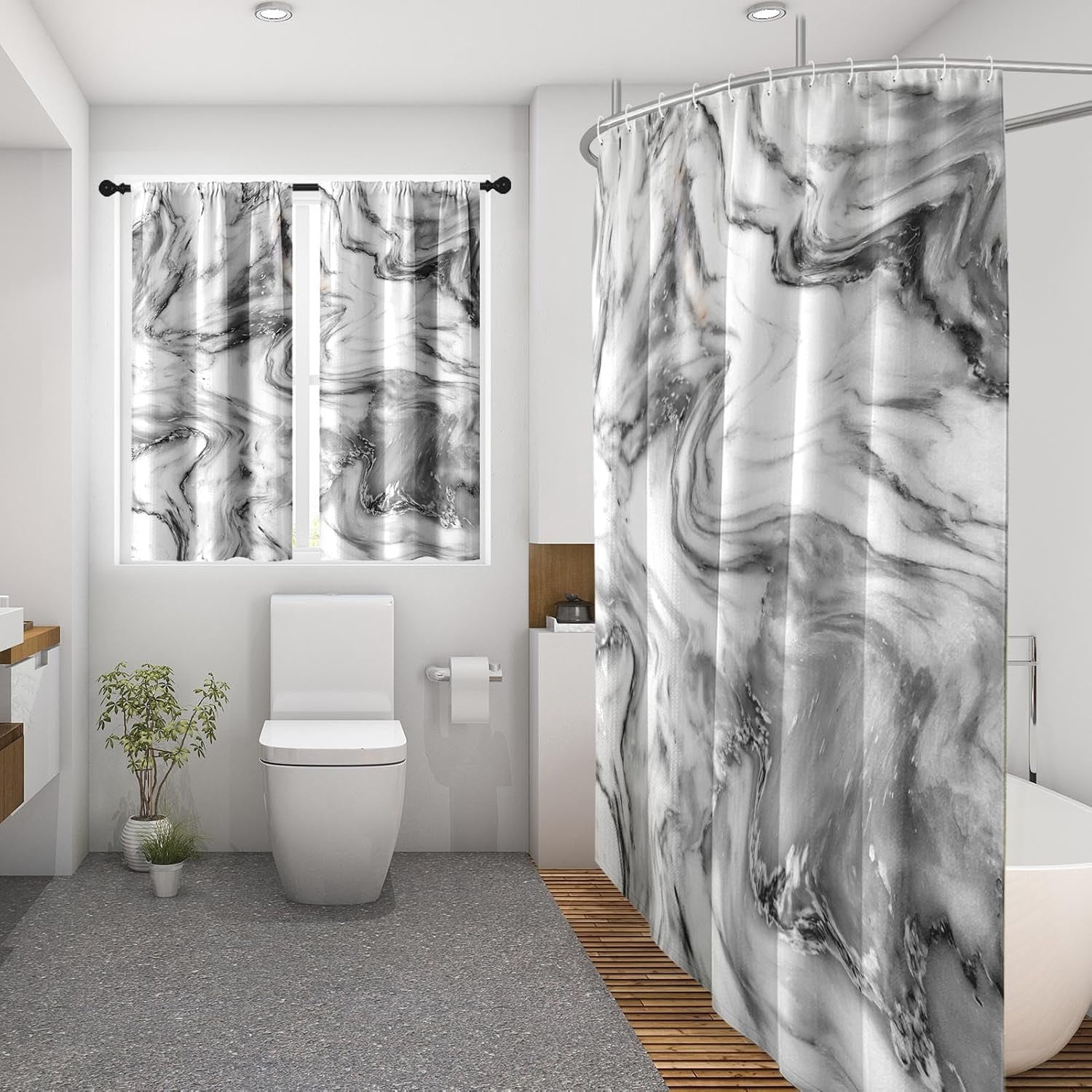 Vintage Brown Shower Curtain Set with Window Curtain, Royal Abstract Line Modern Bathroom Window Curtain with Waterproof Shower Curtain Set for Bathroom Decor