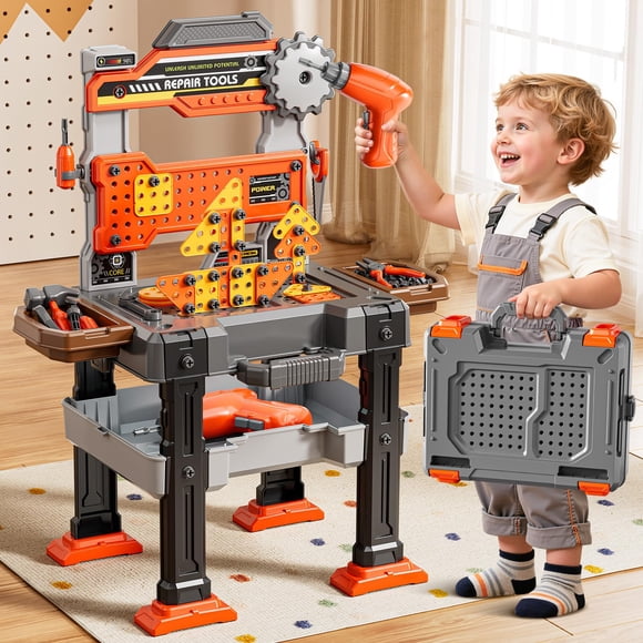 XINNOVEL 2 in 1 Workbench Toys for Toddlers 3-5, Kids Tool Bench Set with Electric Drill and Realistic Tool, Pretend Play Toolbox, Birthday Gifts for