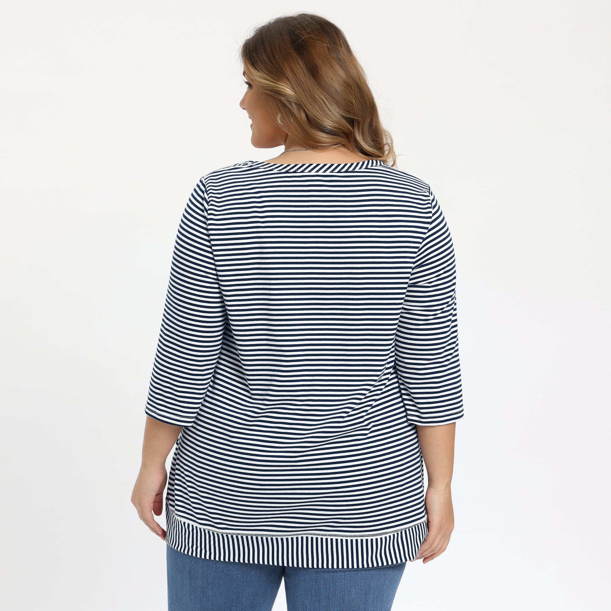 Women's Plus 3/4 Sleeve Striped Loose Casual Tunic Top Scoop Neck High Low Hem Blouse 2X Navy Blue
