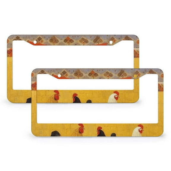 License Plate Cover Chickens in Front of A Yellow Wall Personalized License Plate Frame 2 Pcs Set Vintage Farm Rooster Hen Aluminum Metal License Plate Frames Car Accessories US Canada Standard