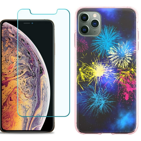 For Apple iPhone 11 Pro Max Case , Slim-Fit TPU Protective Phone Case (Pink Bezel) with Tempered Glass Screen Protector, by OneToughShield ® - Fireworks