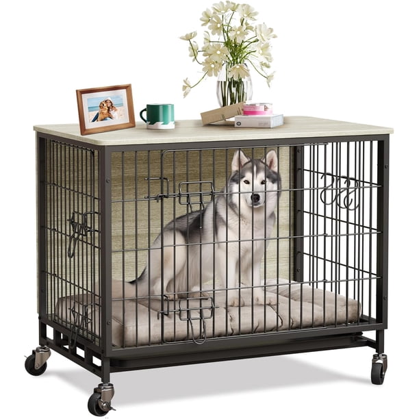 Heavy - duty metal dog crate - indoor/outdoor pet kennel con estantes y almacenamiento gabinete, moderno decorative design in gris o negra