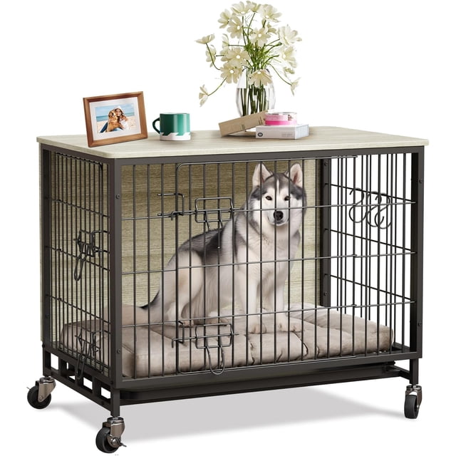 Ourlova 32-Inch Wooden Dog Crate Furniture-Double Doors-With Wheels-Upgraded Kennel End Table-For Small-Medium-Large Dogs-Rustic Grey