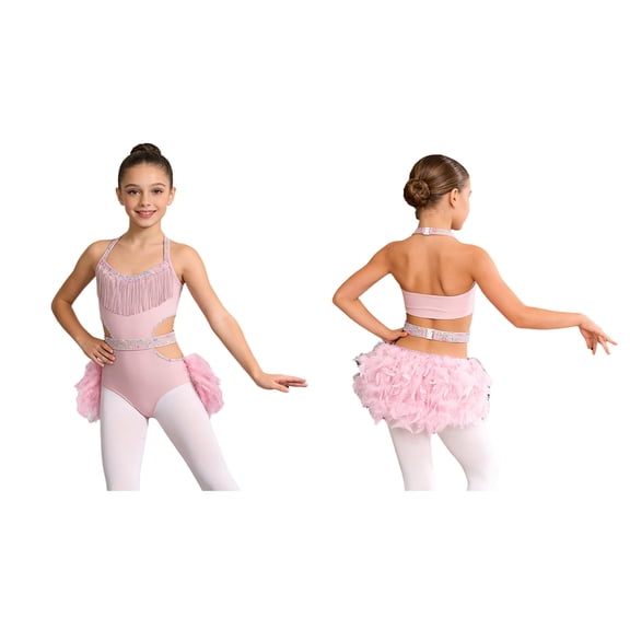 Aislor Girls Sparkly Rhinestone Halter Sleeveless Feather Latin Jazz Ballet Dance Skirted Leotard for Performance Pink 12