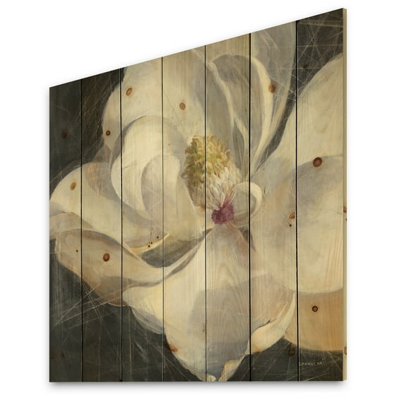 Designart 'Vivid White Magnolia IV' Shabby Chic Print on Natural Pine Wood