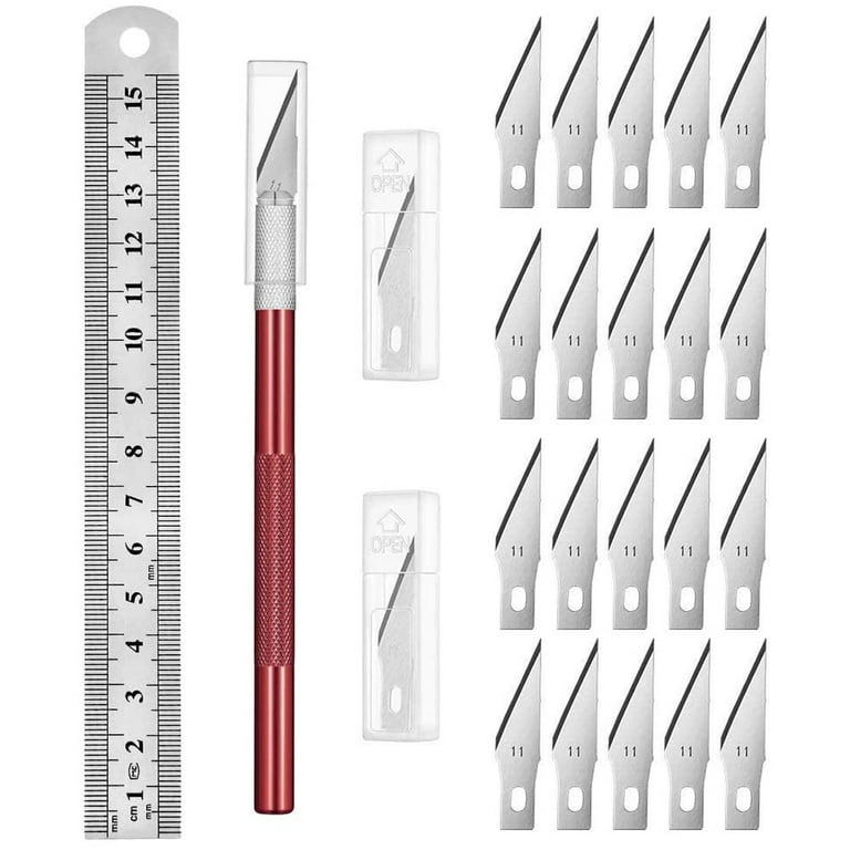 1PCS Exacto Knife Hobby Knife with Safety Cap and Craft Ruler and 20PCS Exacto  Blades for Crafting and Cutting Carving Scrapbooking Art Work Cutting (Red)  