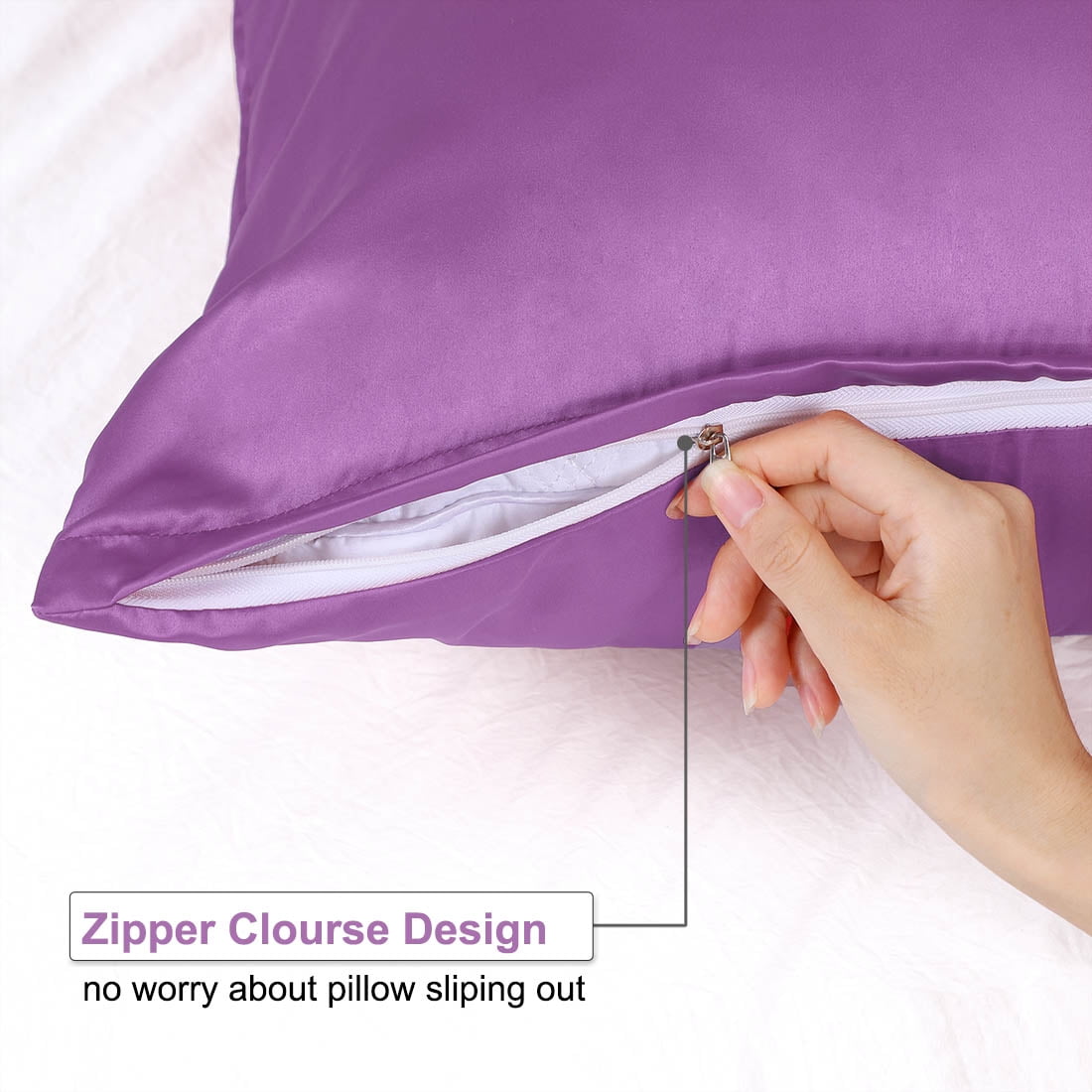Unique Bargains Pillow Covers Silky Satin Zipper Pillowcases Set of 2 Purple 21" x 31"