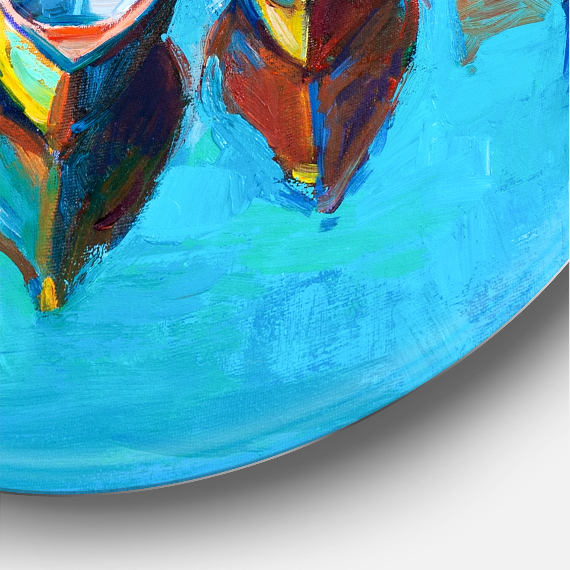 Designart 'Little Boats Wating In The Blue Harbour' Nautical & Coastal Circle Metal Wall Art 23x23 - Disc of 23