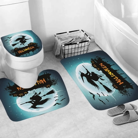 3Pcs Happy Halloween Witch with Pumpkin Bats Bath Rugs Set,Bath Rug Mat + Contour Mat + Toilet Seat Cover, Super Soft Rugs