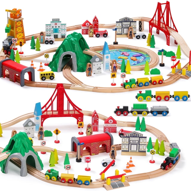 Juego de trenes de madera SainSmart Jr. 112 piezas para niños pequeños